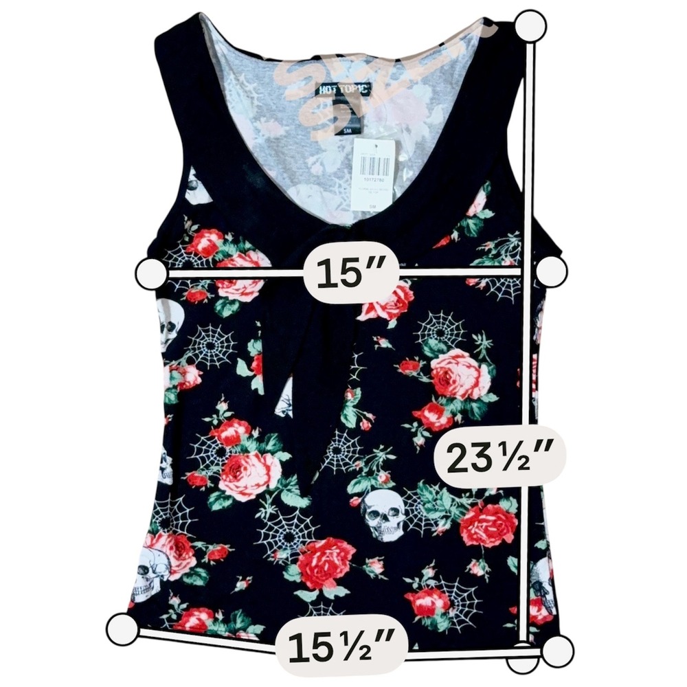 Hot Topic Womens Sz-Small Skull Rose Tie Front Tank Top Black Red Retro Goth NEW - Picture 11 of 12